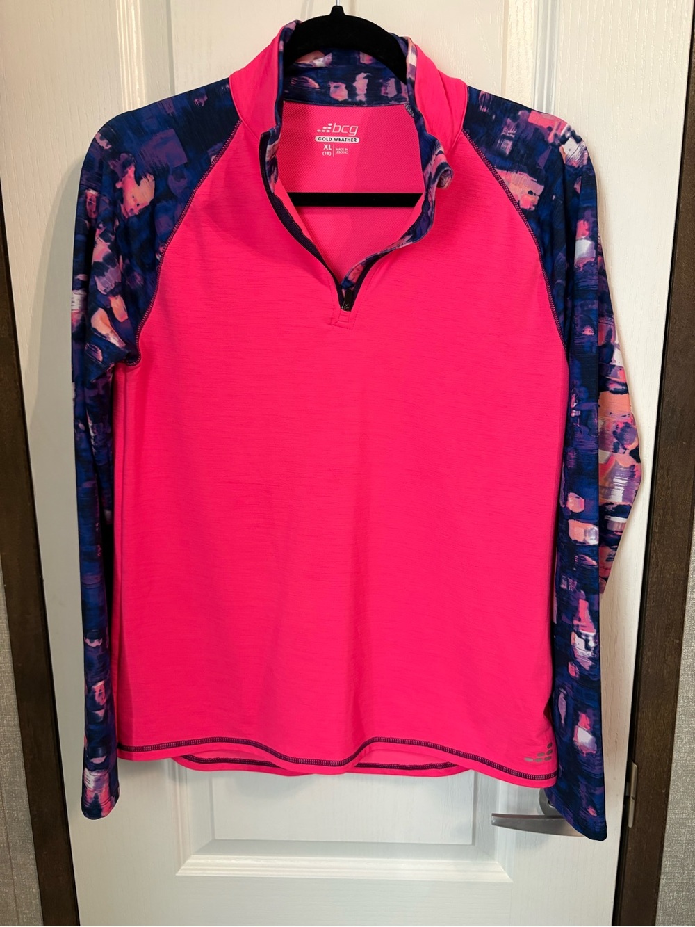 BCG Women's Bright Pink Quarter-Zip Active Top with Patterned Sleeves